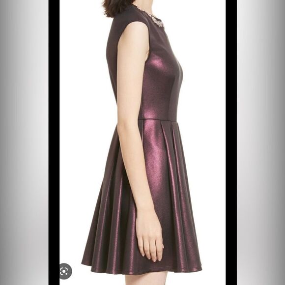 TED BAKER 0 US 2 Ayma Embellished Oxblood Metallic Fit & Flare Skater Dress Prom - Picture 3 of 12